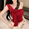 Top Cropped Camisole Curto com Fita de Pescoço Flor 3D e Babados Design da Primavera 2026 Chic de Menina Popular