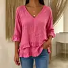 Chegada Nova Outono 2026 Amazon Cross-border Estilo Europeu e Americano Feminino Cor Sólida Plissado Casual Babado Decote V Blusa Feminina