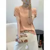 Camisa de Tricô Manga Curta com Detalhe de Contas Vazadas em Lyocell Tencel para Mulheres, Nova Camiseta Top de Verão Solta e Fina