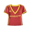 Camiseta de Verão Colorida com Decote em V rosa Ombro Manga Curta Feminina Slim-Fit Estilo Jersey Esportivo Americano Top Justo