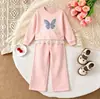 Conjunto de Dos Piezas para Niñas de Primavera y Otoño Europeo y Americano con Adorno de Encaje de Mariposa Sudadera + Pantalón de Chándal Cómodo en Stock