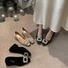 Zapatos nuevos y mullidos de otoño e invierno grises, zapatos de strass para commuting, zapatos de una sola capa, zapatos de mujer, puntera cuadrada, tacón grueso francés, forro de felpa, 2024