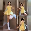 Vestido Amarelo Dopamina Sem Mangas com Suspensório para Mulheres no Verão, Saia Tutu Doce e Pequena que Cinge a Cintura, Saia Botão de Bolinhas