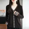 Cárdigan de Lana Fina con Cuello en V Transfronterizo para Mujer 25 Nuevo Estilo Otoño/Invierno Patchwork Tejido Elegante Suéter Corto Abrigo