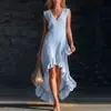 2026 Moda Romântica Sem Mangas Decote V Bainha Franzida Algodão e Linho Vestido Longo Transfronteiriço Europeu e Americano Amazon Novo