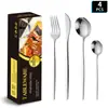 Conjunto de talheres de aço inoxidável português de 4 peças estilo hotel ocidental Amazon transfronteiriço para uso doméstico, incluindo facas de bife com cabo longo, garfos e colheres