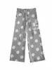 Pantalones de pierna ancha con estampado de letras y lunares grises estilo europeo y americano, Pantalones casuales rectos de cintura alta adelgazantes, Pantalones sueltos y fluidos hasta el suelo