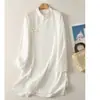 Camisa de algodão e linho lisa com botões estilo chinês para mulheres, vestido de chá de primavera de manga comprida inspirado em Zen com gola alta, top estilo cheongsam