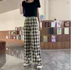 Calça Xadrez Transfronteiriça para Mulheres, Temporada de Outono, Calça Reta Fluida, Caimento Solto, Calça de Dormir Emagrecedora, Cintura Alta, Calça Xadrez Wide-Leg Petite