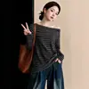 Camisa a rayas de manga larga con cuello asimétrico y huecos para mujer, top corto irregular de talla grande para otoño, blusa súper popular