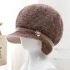 Chapéu de inverno para mulheres de meia-idade e idosas, chapéu de tricô para uso externo, forrado com fleece para calor extra, grosso e aconchegante, adequado para mulheres mais velhas, gorro estilo bico de pato