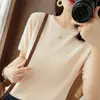Top de Punto de Algodón Puro con Cuello Redondo y Borde Enrollado, Manga Corta, Diseño de Diamantes, Holgado, Talla Grande, Moderno y Delgado para Mujer, Primavera/Verano 2026