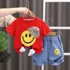 Roupa infantil para meninos, conjunto de verão, novo, moderno, de manga curta, bonito, bebê, desenho animado, camiseta, shorts jeans, conjunto de duas peças