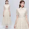 Elegante vestido de encaje bordado transfronterizo con cuello, mangas cortas, corte ajustado, ceñido a la cintura, falda en línea A adelgazante con cinturón