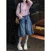 Shorts de mezclilla azules retro de talla grande con línea A para mujer, shorts de verano de cintura alta adelgazantes rectos de pierna ancha de largo medio para mujeres con curvas