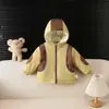 Abrigo grueso de algodón con bloques de color, con capucha, forro de borrego, a prueba de viento y cálido, para niños y niñas en otoño e invierno