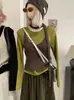 Conjunto de dos piezas KEKEZOON, top de punto de cuello redondo, manga larga hasta el hombro, con camisola debajo, y un lazo 9174