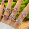 Anillo Rosa con Forma de Corazón de Plata de Ley 925 para Mujer, Estilo Ins Transfronterizo, con Diamante Rosa, Anillo de Diamante de Alto Carbono Súper Brillante, Anillo de Boda Europeo y Americano