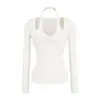 Camiseta Única com Gola Halter Falsa de Duas Peças Manga Longa para Mulheres 2026 Novo Estilo Twist Slim Fit