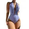 2026 Nuevo Bikini Sexy de Color Sólido con Cuello Halter en V sin Espalda Triángulo de una Pieza para Mujer