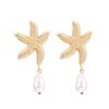 Pendientes de estrella de mar chapados en oro, estilo europeo y americano, sencillos, de aleación retro, con colgante de perla y animales.