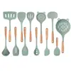 Juego de Utensilios de Cocina de Madera de Haya y Silicona Blanca Translúcida, Espátula Resistente al Calor de Grado Alimenticio, Cucharón para Sopa y Cuchara Ranurada para Cocina Casera