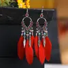 Brincos Longos Coloridos Bohemianos com Strass, Franjas Vermelhas e Penas, Acessórios de Orelha Exagerados, Acessórios de Férias, Fornecimento Transfronteiriço