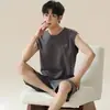 Conjunto de Pijama Colete Masculino de Verão, Conjunto de Duas Peças com Colete sem Mangas de Gola Redonda para Jovens e Shorts, Roupa de Casa, Estilo Fino de Verão