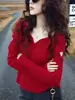 Top único y hermoso de color naranja con calados y cuello en V, elegante y con estilo, capa base de punto para mujer, perfecto para la primavera