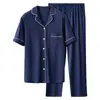 Traje de pijama de punto de algodón de manga corta con solapa para verano, ropa de casa para personas de mediana edad y mayores, una generación de pelo