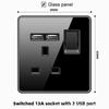 Tomada britânica 13A de Hong Kong e Macau com carregamento rápido USB tipo C, padrão britânico, painel de vidro preto com três furos e pés quadrados