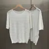 [En Stock] Ic~E Nuevo Punto Calado Casual de Manga Corta con Cuello Redondo, Mezcla de Seda y Lino para Primavera y Verano