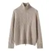 Cardigan de Caxemira com Gola Alta e Zíper Estilo Old Money para Mulheres, Novo Casaco de Lã Tricô Grosso Solto Torcido Outono/Inverno