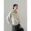 Blusa de tricô listrada color block estilo francês para mulheres, primavera e outono, estilo old money, top de gola polo com caimento solto