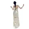 Vestido Lencero Satinado con Drapeado y Tirantes Finos, Incrustaciones de Encaje, Tela Transparente Color Blanco Perla, Corte Ajustado, Directo de Fábrica