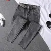 Jeans para Mujer Pantalones Skinny 2021 Nuevo Gris Humo Cintura Alta Adelgazantes Ajustados Elásticos Costuras Estampado de Leopardo Pantalones de Lápiz