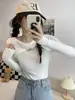 Camiseta base de punto hueca para mujer, primavera y otoño, suéter pullover ajustado, corte slim, top de manga larga, talla única, estilo europeo y americano
