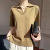 Estilo Novo de Verão Lyocell Linho Fio Pontilhado Feminino Gola Lapela Tricô Manga Curta Camiseta Top Fino Pulôver