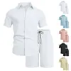 Camisa de manga corta lisa para hombre transfronteriza con cuello vuelto, nuevo cárdigan fino de verano, conjunto de shorts de manga corta casual de negocios
