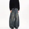 Jeans Retro Americanos Lavados Desgastados Scimitar Unisex Marca de Moda Callejera Geniales Sueltos Versátiles Pierna Ancha Pantalones Largos hasta el Suelo