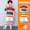 Conjunto de Ropa de Rendimiento a Rayas Arcoíris para Niños Camiseta de Manga Corta Falda Plisada Pantalones Largos Niños y Niñas Día del Niño Uniforme de Clase de Rendimiento Verano