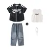 Conjunto de Dança de Rua para Menina Jeans Largo Conjunto de Manga Curta para Menino Crianças Hiphop Performance Dança de Rua Roupas da Moda para Crianças