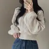 Suéter Corto de Patrón Retorcido para Mujer, Estilo Coreano de Primavera y Otoño, Nuevo Estilo Perezoso, Color Sólido, Manga de Linterna, Cuello Cuadrado, Jersey de Punto para Mujer