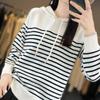 Suéter de malha com capuz para outono e inverno, suéter listrado contrastante, estilo preguiçoso feminino, jaqueta solta de malha estilo coreano