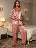 Conjunto de Pijama Jacquard Listrado Largo Estilo Europeu e Americano para Casa, Cardigã de Cetim com Manga Longa Feminino, Direto da Fábrica de Origem