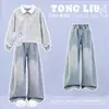 Conjunto de dos piezas para niña 2026: top dulce estilo coreano con cuello polo ribeteado de encaje y jeans de moda con pajarita