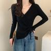 Top de Punto con Cordón Ajustable de Corte Cruzado Estilo Francés y Corte Slim para Mujer, Otoño e Invierno 2025, Suéter Adelgazante con Cuello en V, Moderno