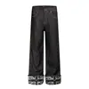 Calça jeans masculina da moda estilo americano com bainha dobrada, casual com bolso traseiro e design de rebite, calça reta de perna larga solta única