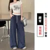 Pantalones a cuadros blancos de cintura suelta estilo coreano para mujer, pantalones de pierna ancha con cordón de verano, pantalones rectos casuales versátiles simples de largo completo