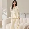 Conjunto de pijama e roupa de casa feminina de duas peças, com mangas compridas e calças compridas, em algodão puro, dupla face, costela 40 fios, 200 gramas, em estoque, pode ser usado fora de casa